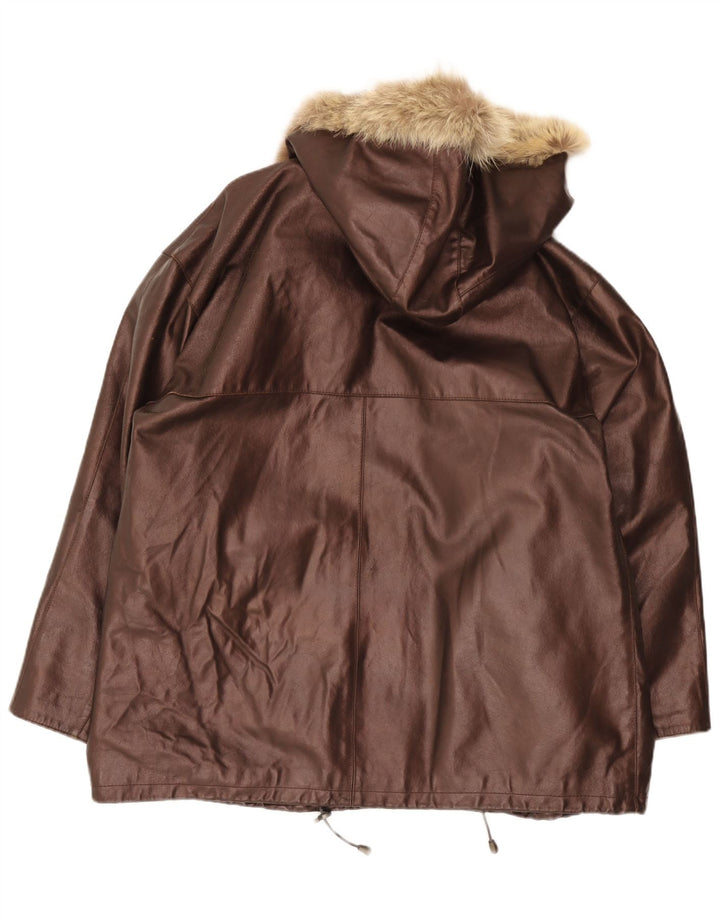 Giacca in pelle oversize con cappuccio da donna vintage IT 48 XL Marrone
