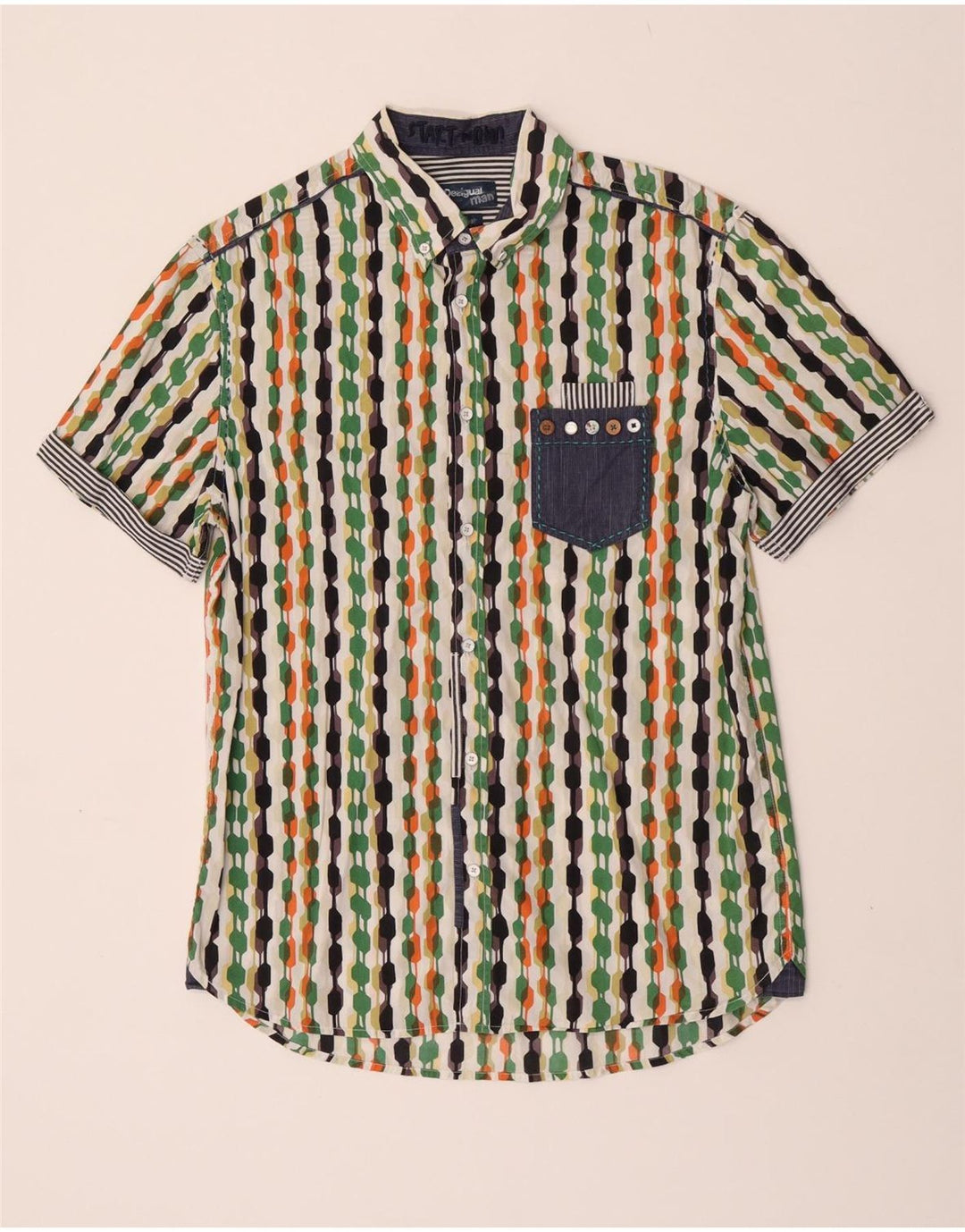 Desigual Camicia da uomo a maniche corte, vestibilità regolare, grande, multicolore, geometrica
