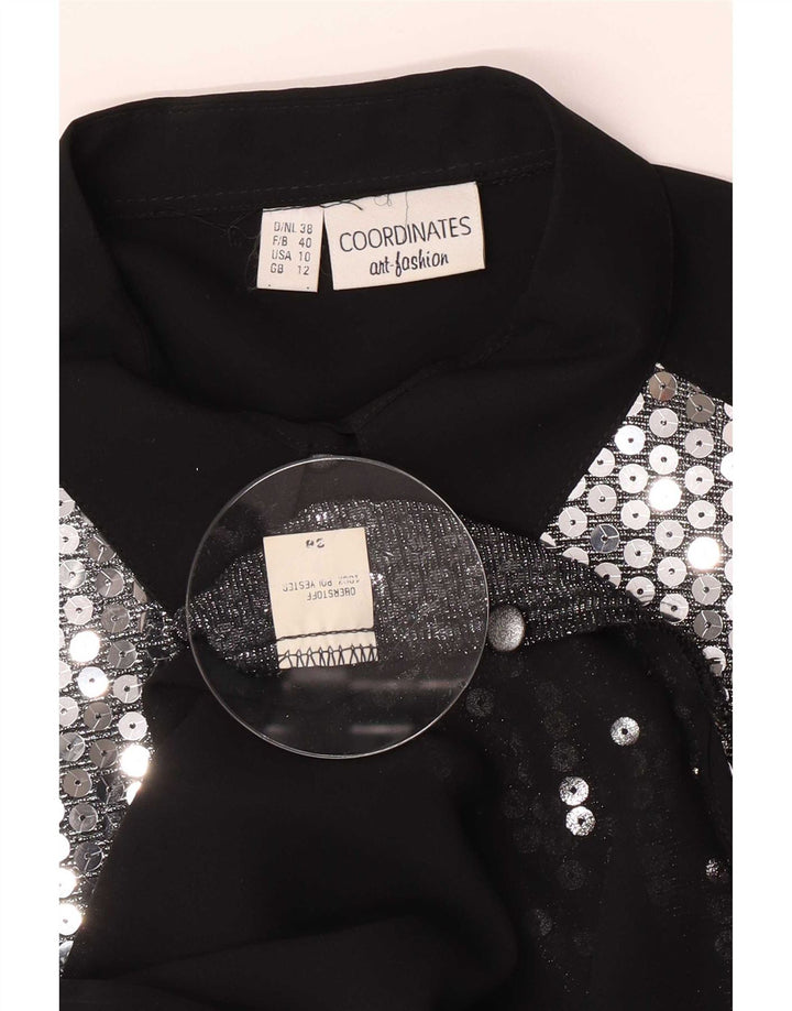 Camicetta camicia oversize con paillettes vintage da donna UK 12 blocco colore nero medio