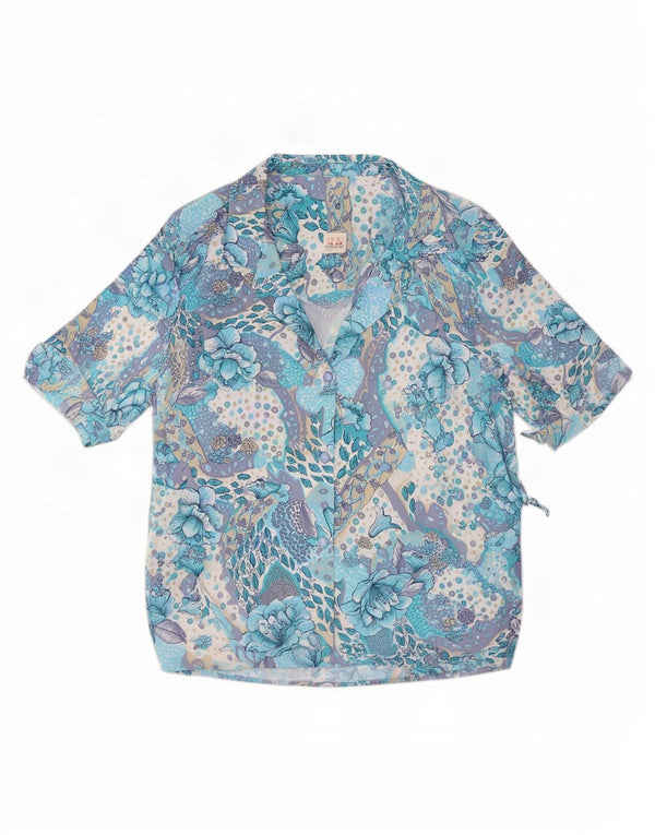 Camicetta camicia a maniche corte da donna vintage UK 16 Grande poliestere floreale blu