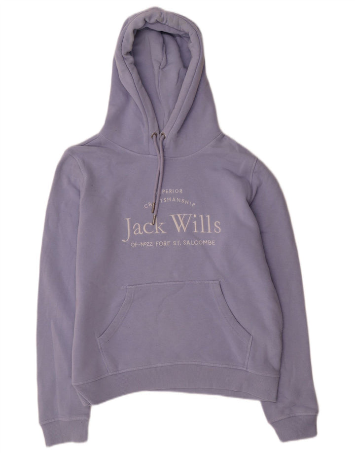 JACK WILLS Felpa con cappuccio grafica da donna UK 12 Cotone viola medio