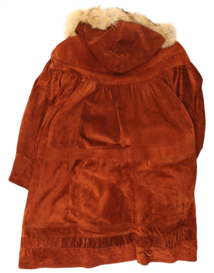 Soprabito vintage da donna oversize in pelle scamosciata con cappuccio UK 14 in pelle marrone medio