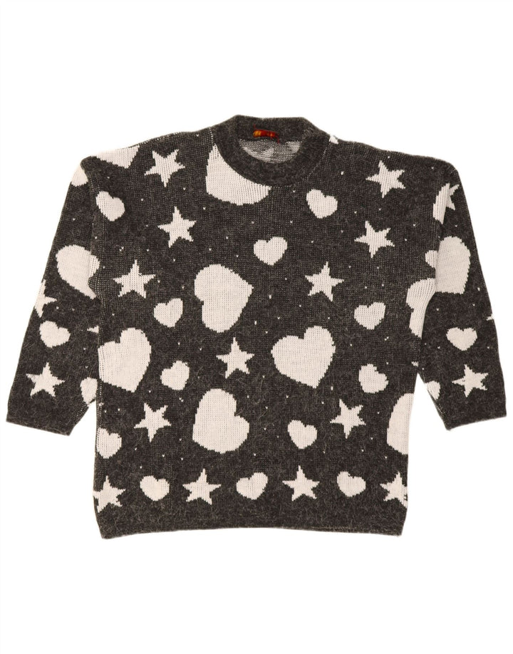 Maglione maglione girocollo da donna vintage con motivo astratto UK 14 grande nero