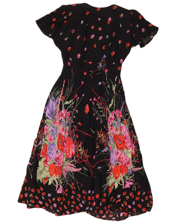 Abito lungo da donna vintage UK 10 piccolo floreale nero