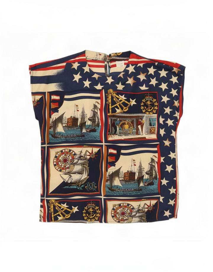 Top camicetta da donna vintage UK 12 medio multicolore nautico