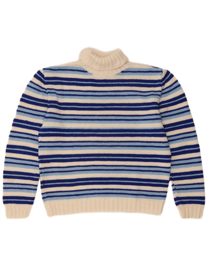 Maglione maglione vintage da donna con collo alto UK 14 a righe blu medio