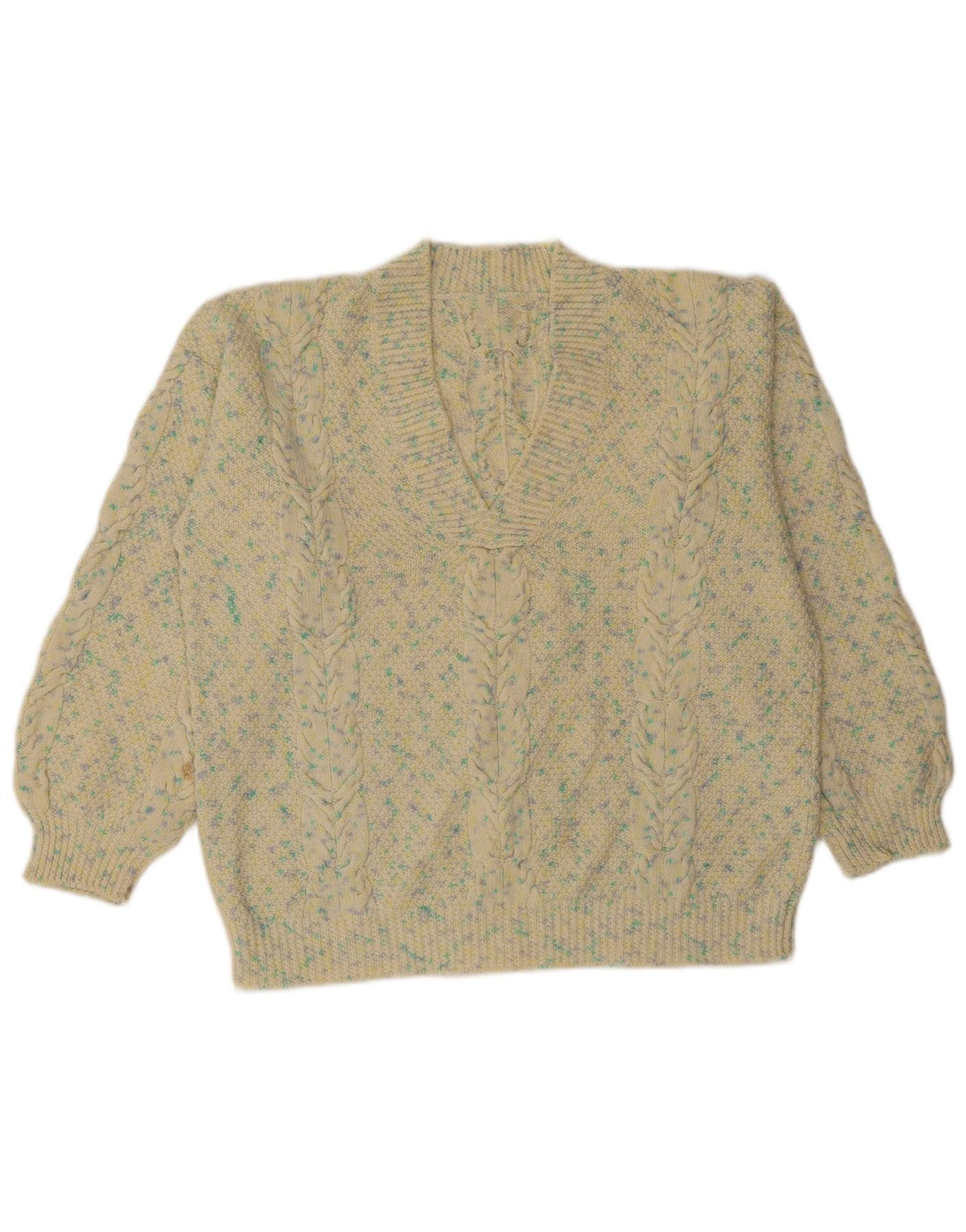 Maglione maglione con scollo a V da donna VINTAGE UK 18 XL Beige screziato