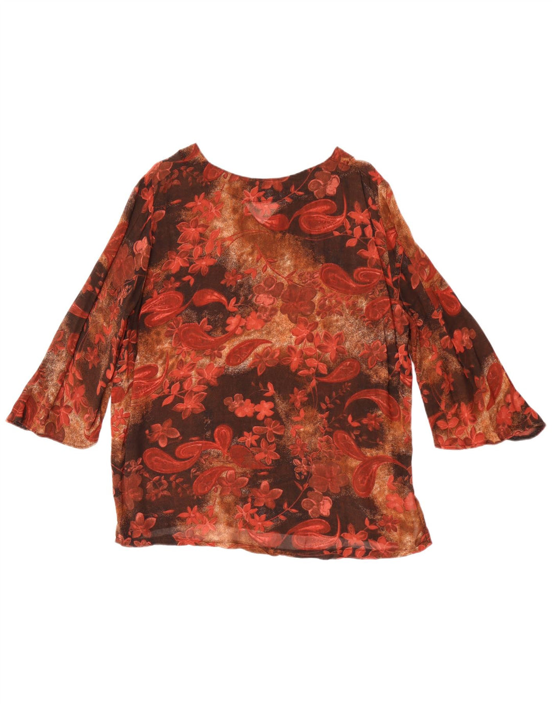 Top tunica vintage da donna con maniche a 3/4 UK 14 Paisley marrone medio