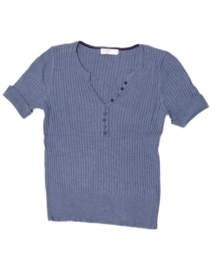Maglione da donna Marks & Spencer a maniche corte con scollo a V UK 12 Blu medio