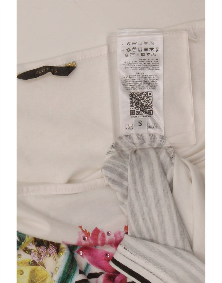 GUESS T-shirt corta da donna con spalle scoperte UK 10 piccolo cotone floreale bianco