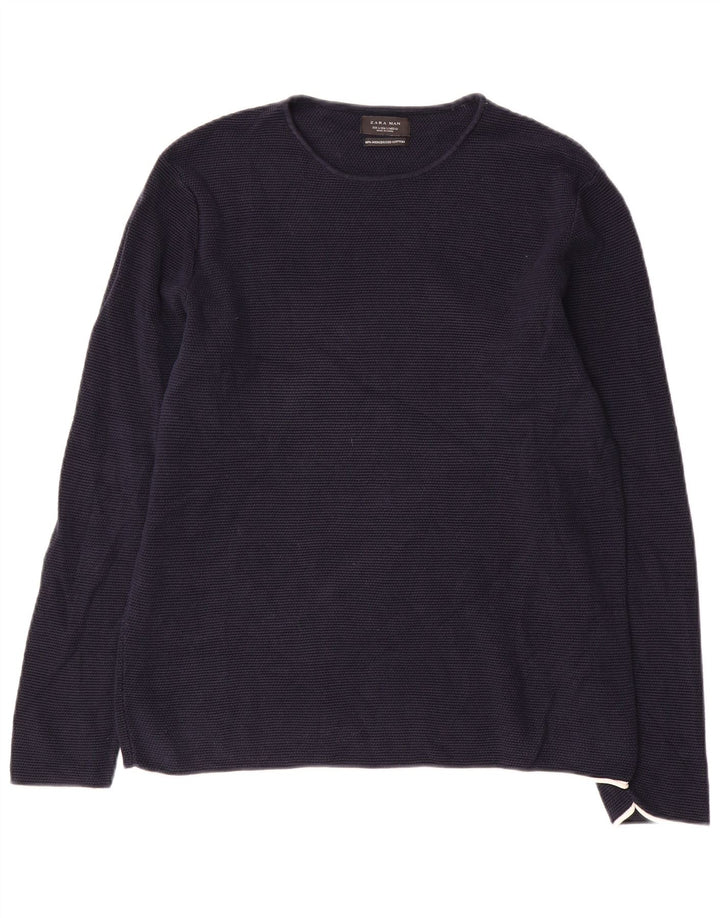 Maglione maglione girocollo da uomo Zara grande in cotone blu navy