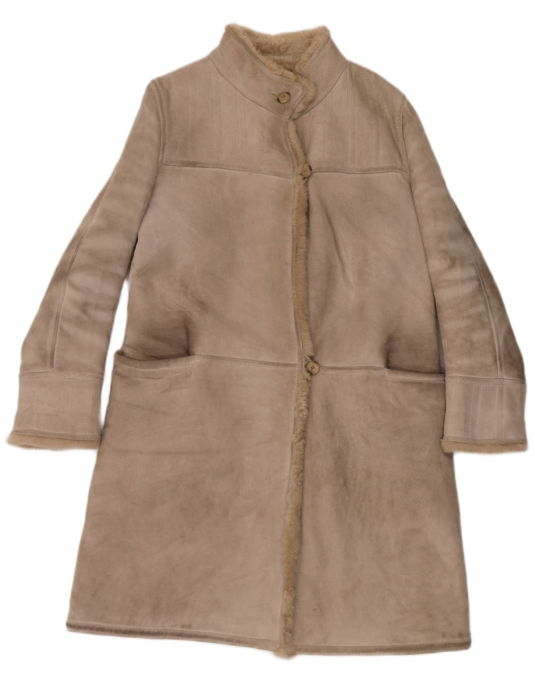 Cappotto in shearling vintage da donna IT 46 grande in pelle beige