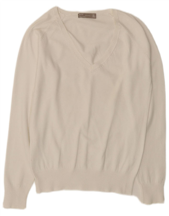 Maglione ZARA da donna con scollo a V UK 14 grande bianco