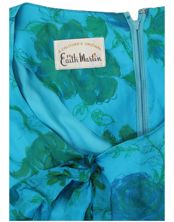 Abito a trapezio con maniche a 3/4 vintage da donna UK 10 piccolo floreale blu