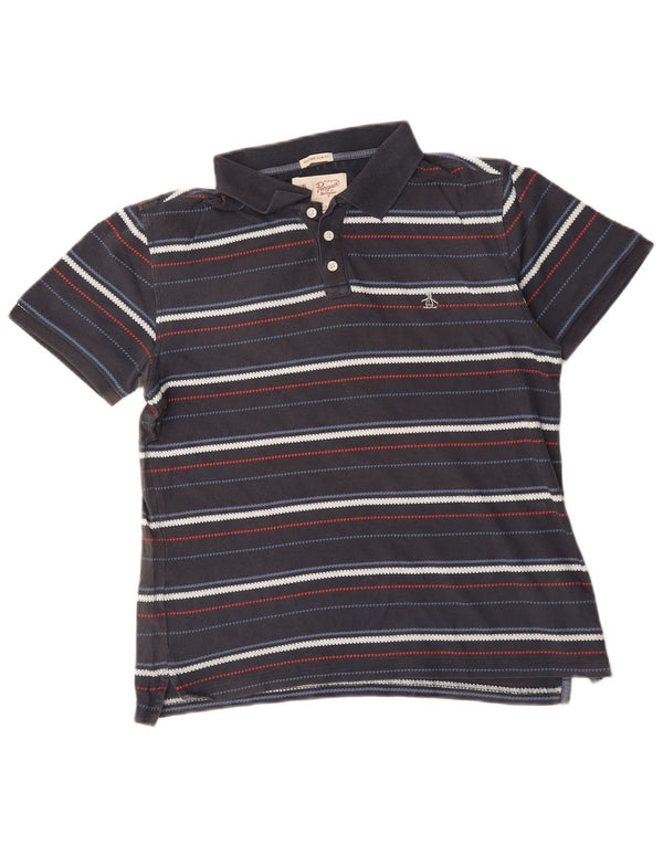 Polo da uomo slim fit Penguin in cotone a righe grigio medio