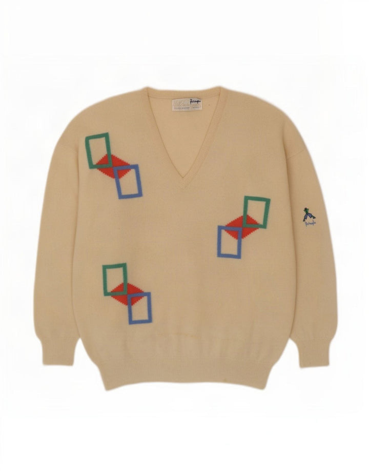 Maglione da uomo con scollo a V Pringle, grande lana vergine geometrica beige