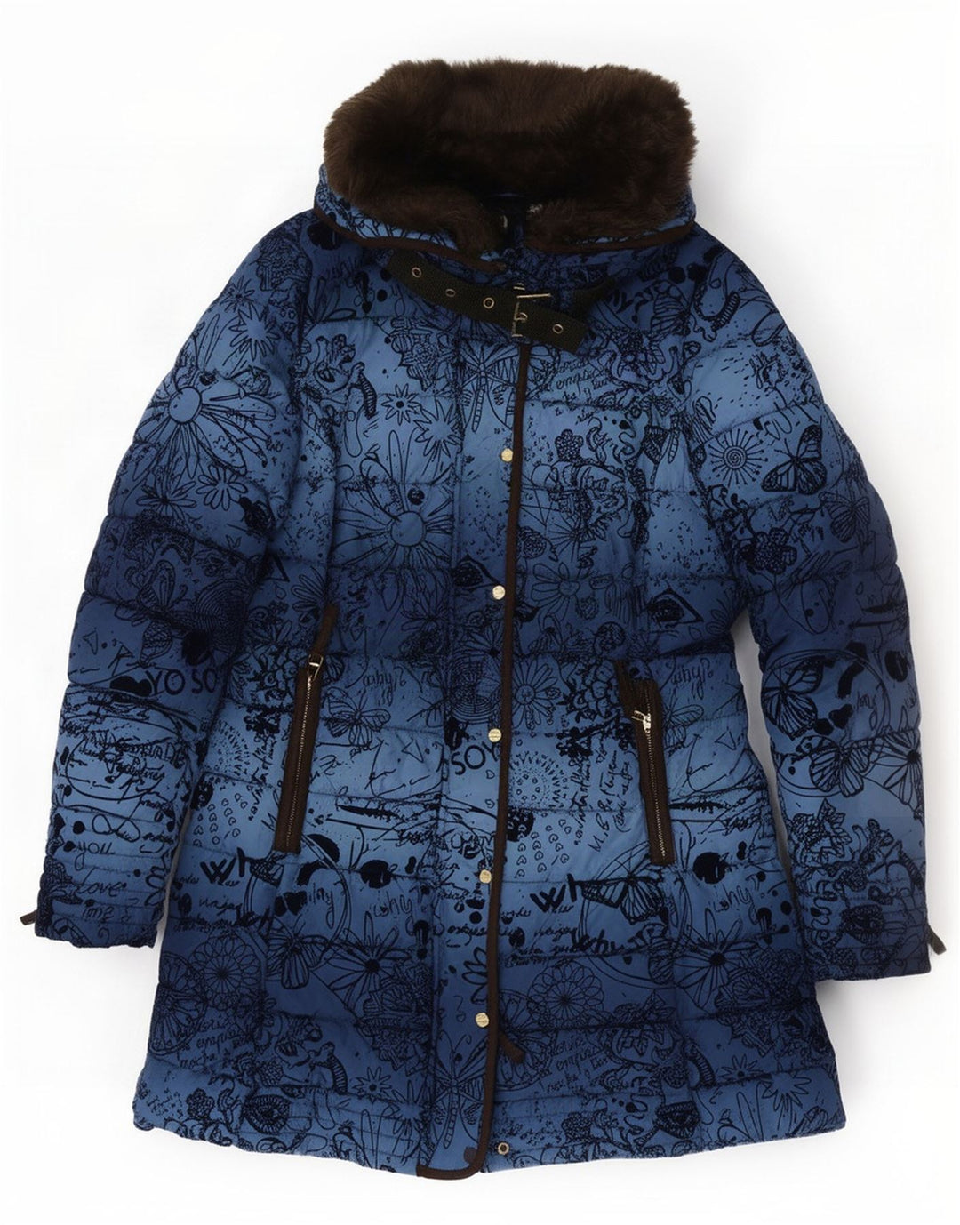 Cappotto imbottito con cappuccio da donna Desigual EU 40 poliestere floreale blu medio