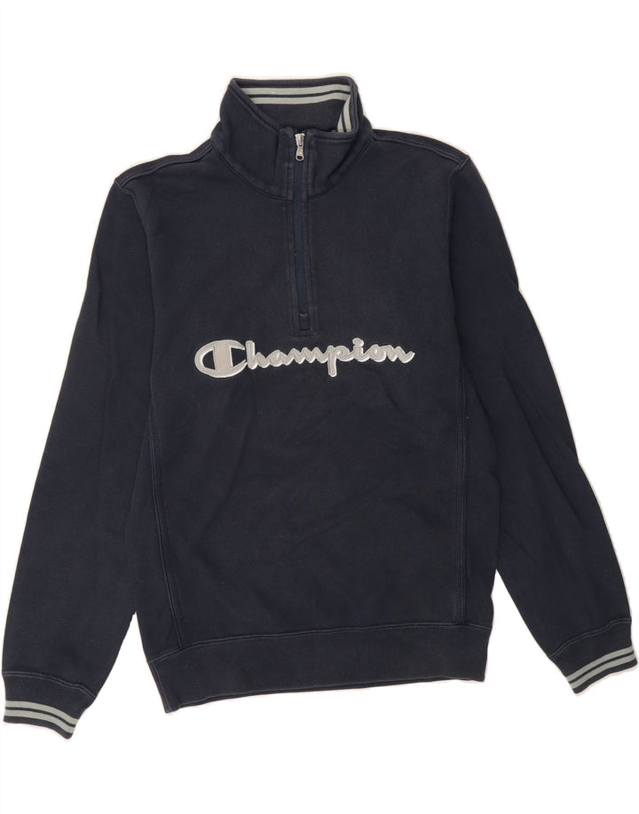 CHAMPION Mens Graphic Zip Neck Sweatshirt Jumper Small Navy Blue Cotton Vintage Champion and Second-Hand Champion from Messina Hembry 