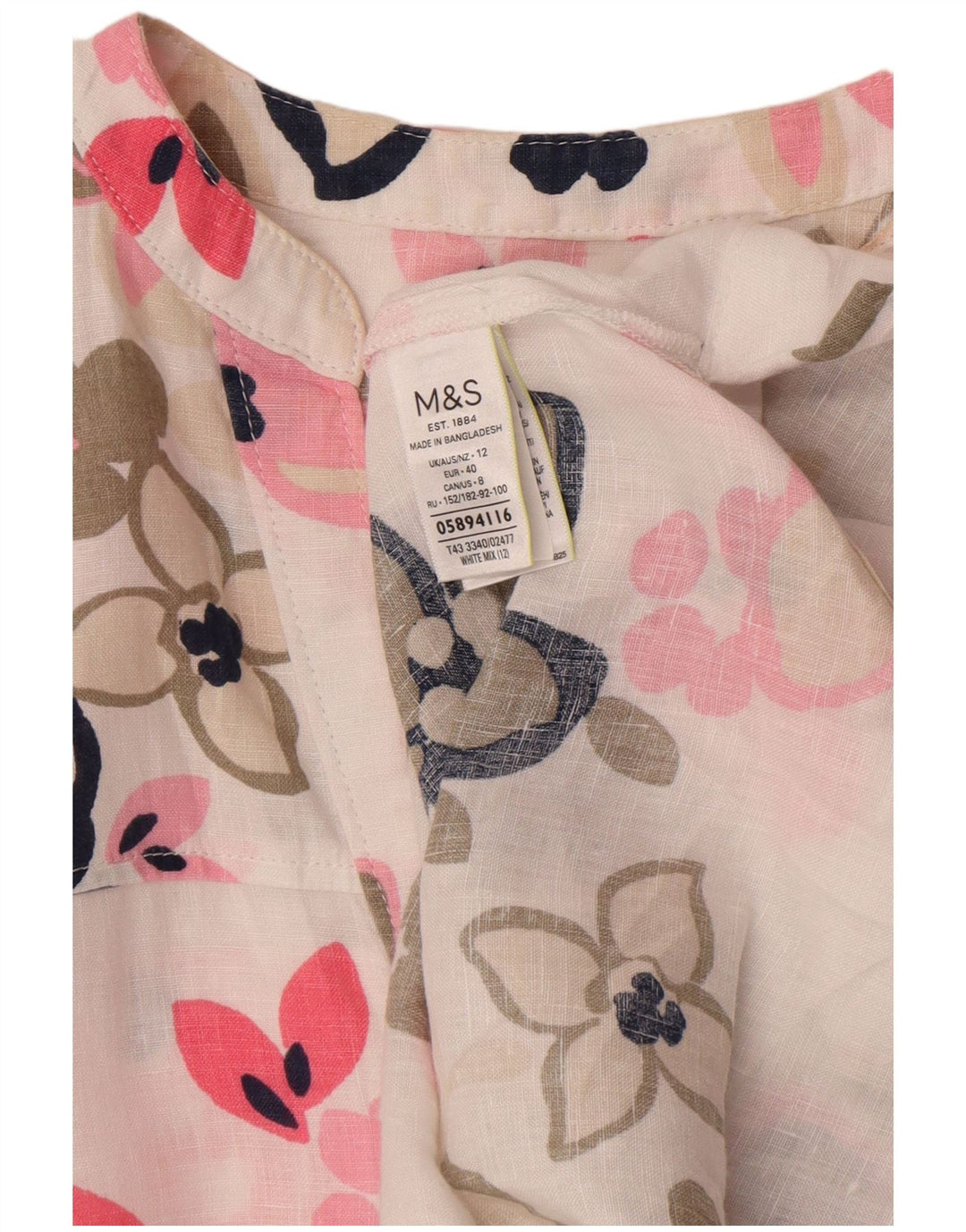 Camicetta oversize da donna Marks & Spencer Top UK 12 Lino floreale bianco medio