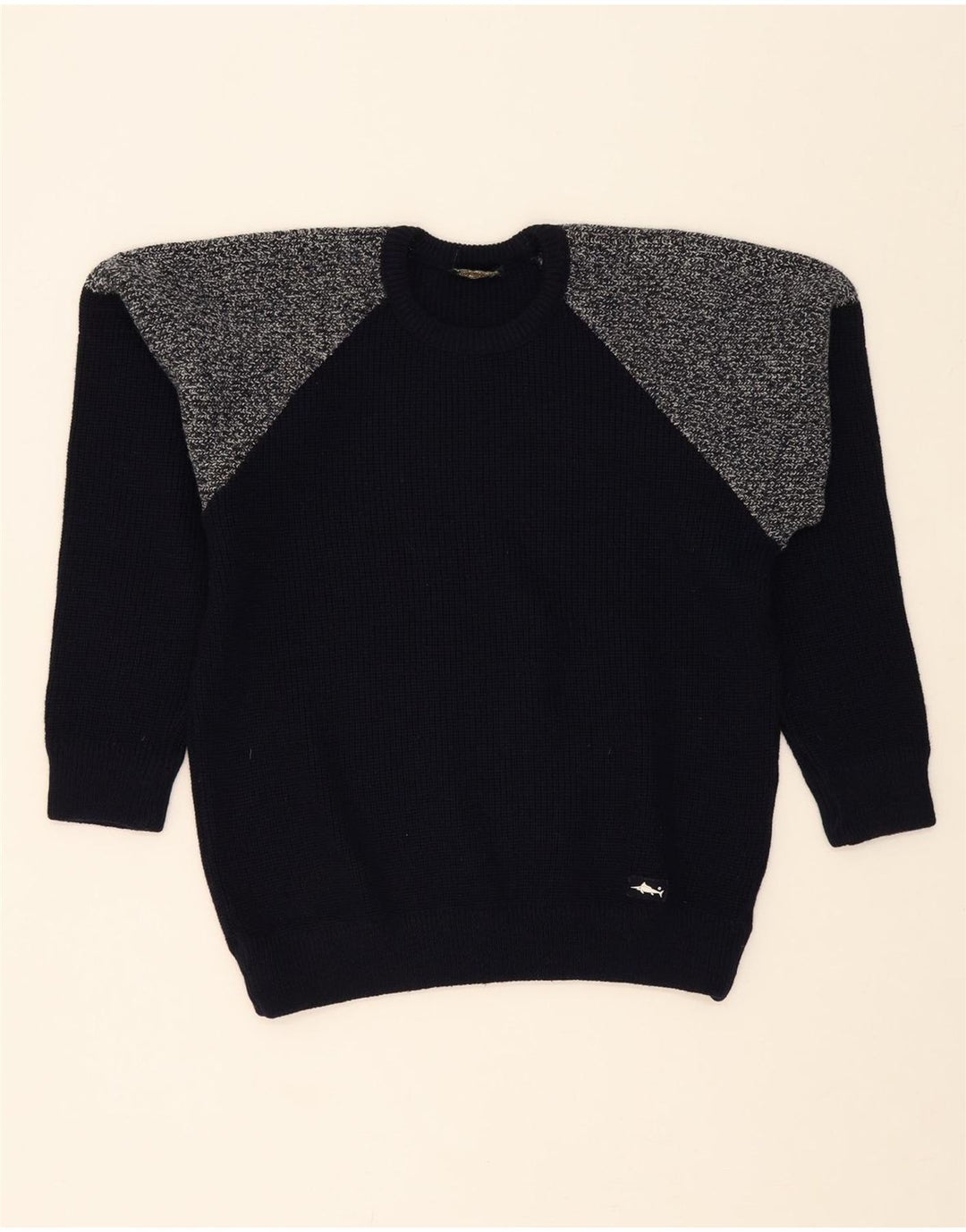 GOOD LUCK Mens Crew Neck Jumper Sweater IT 48 Medium Navy Blue Colourblock Vintage Good Luck and Second-Hand Good Luck from Messina Hembry 