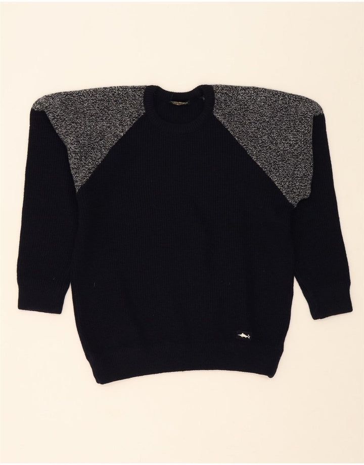 GOOD LUCK Mens Crew Neck Jumper Sweater IT 48 Medium Navy Blue Colourblock Vintage Good Luck and Second-Hand Good Luck from Messina Hembry 