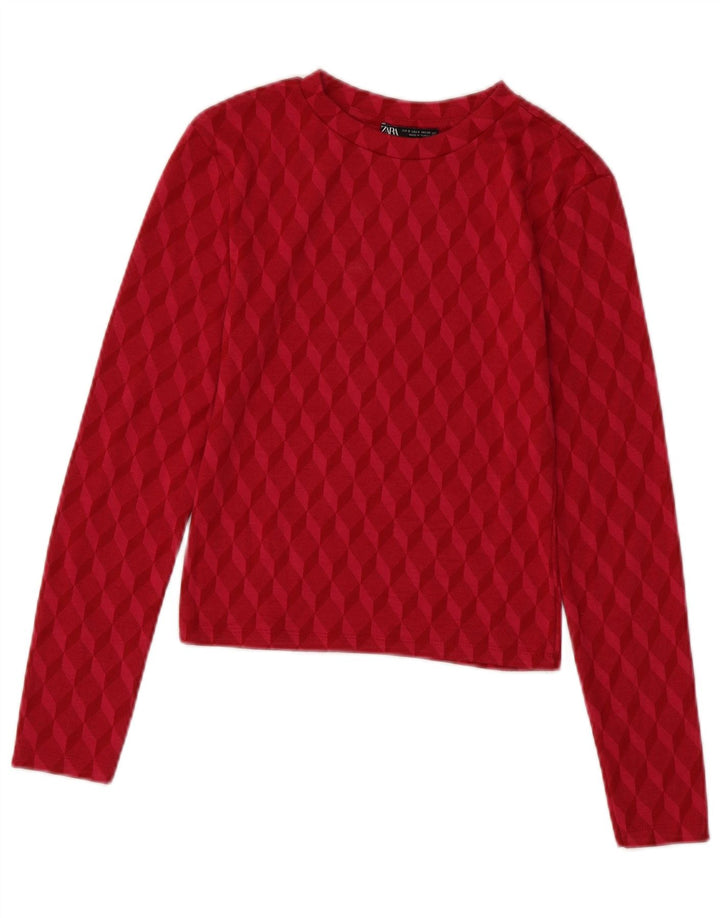 ZARA Top Corto da Donna a Maniche Lunghe UK 8 Piccolo Rosa Geometrico