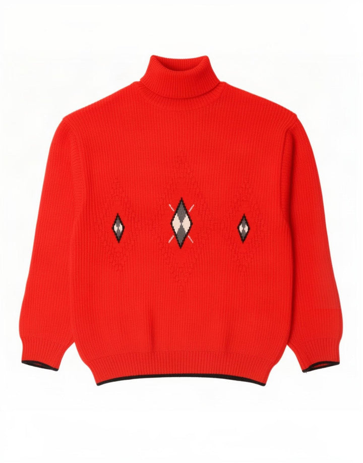 Maglione maglione vintage da uomo con collo alto IT 46 piccolo rosso a rombi/diamante