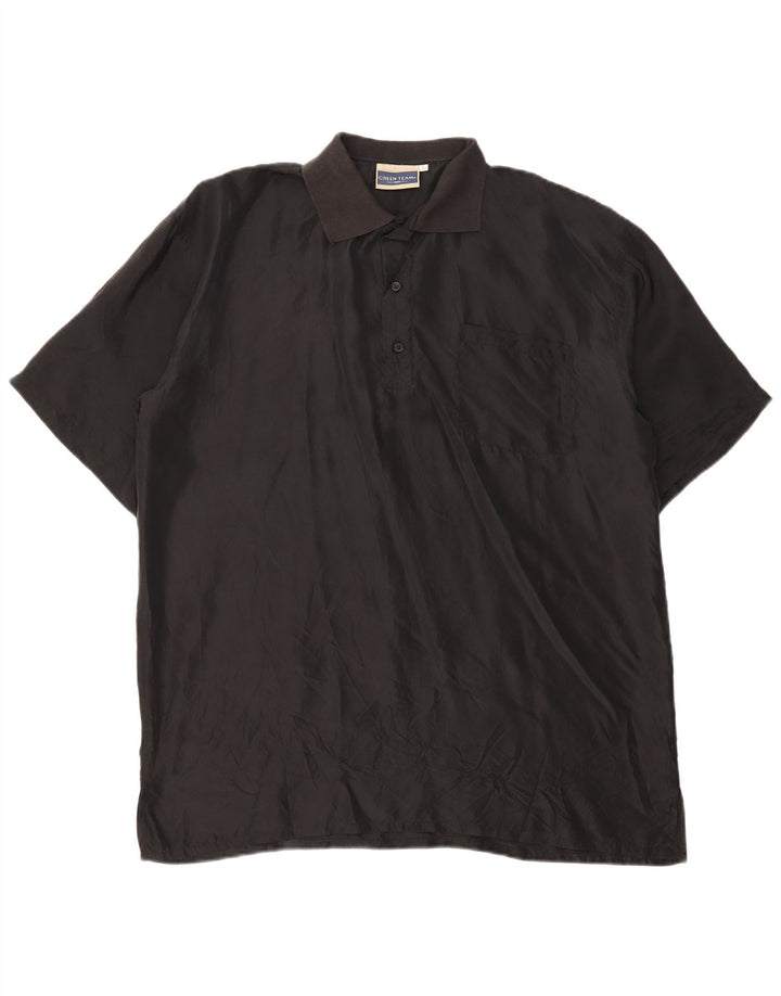 Camicia pullover a maniche corte vintage da uomo grande in seta nera