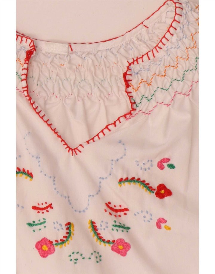 Top camicetta da donna vintage UK 12 floreale bianco medio
