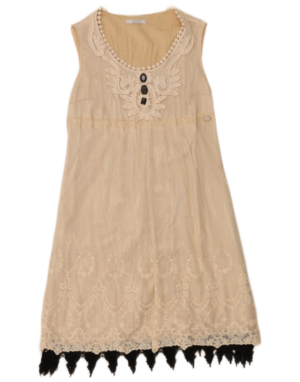 Abito a trapezio senza maniche da donna vintage UK 10 Piccolo cotone floreale beige
