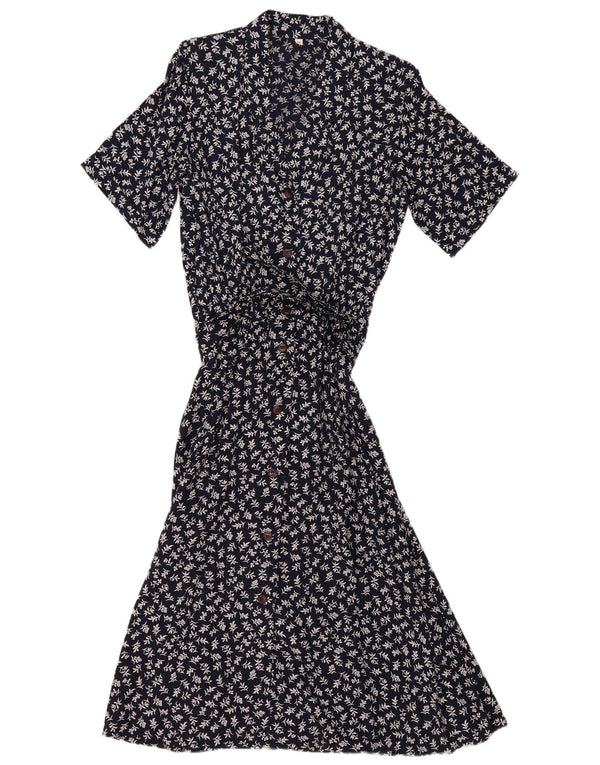 Abito chemisier vintage da donna a maniche corte EU 40 medio blu navy floreale