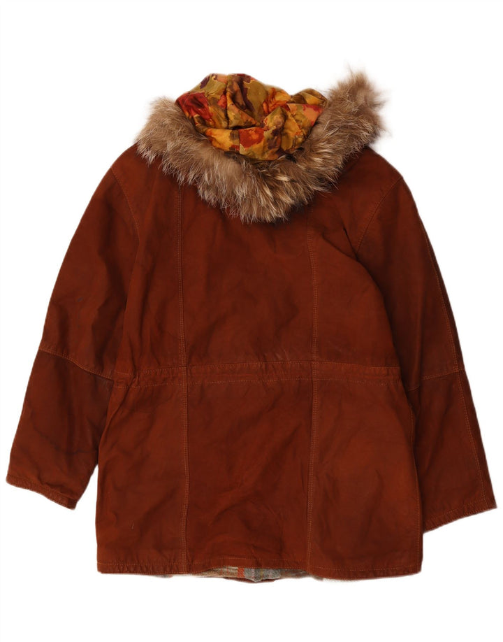 Giacca vintage da donna in pelle scamosciata con cappuccio IT 42 in pelle marrone medio