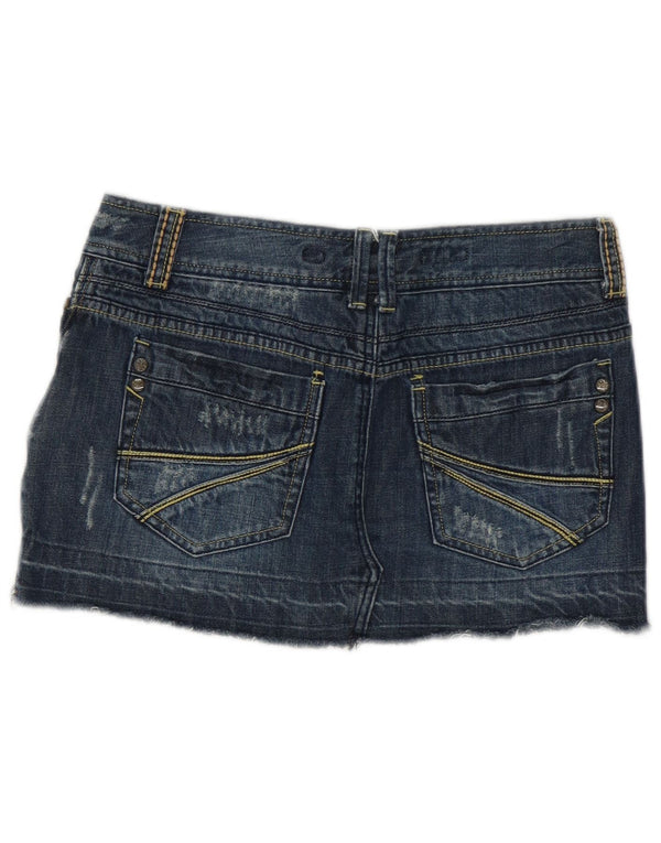 Mini gonna in denim invecchiato da donna vintage US 10 grande W32 in cotone blu