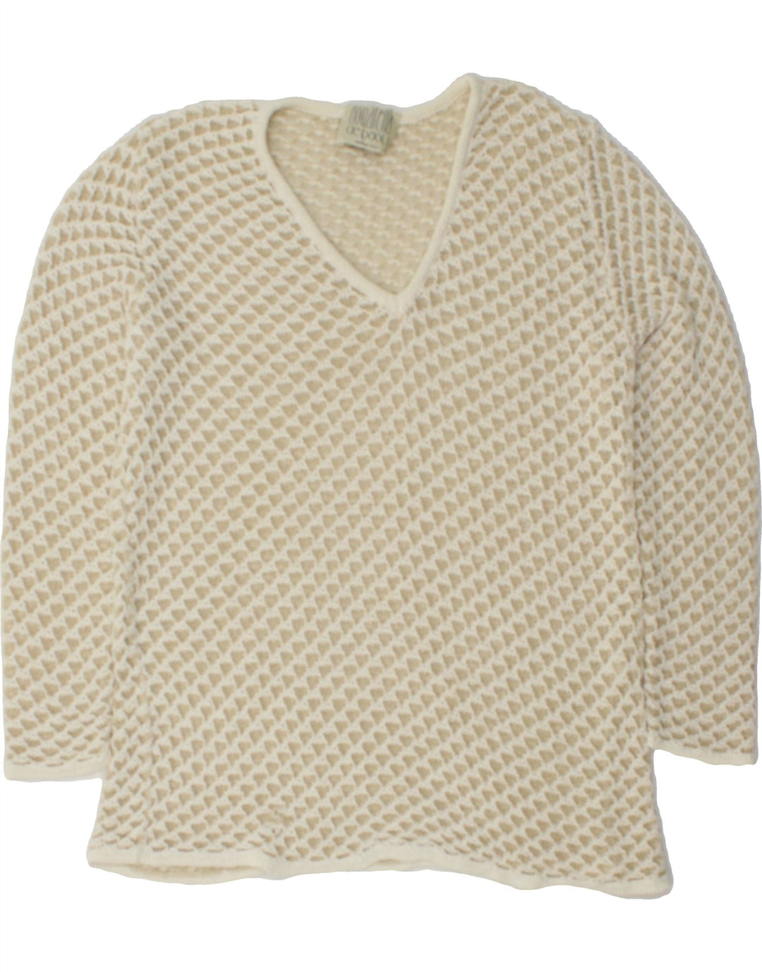 DONATELLA Womens V-Neck Jumper Sweater UK 14 Medium Beige Polyamide Vintage Donatella and Second-Hand Donatella from Messina Hembry 