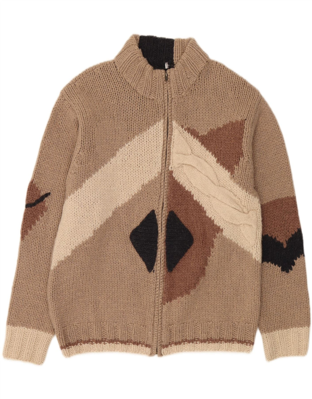 Fatto a Mano Maglione Cardigan da Uomo con Zip Intera Grande in Lana Colorblock Beige