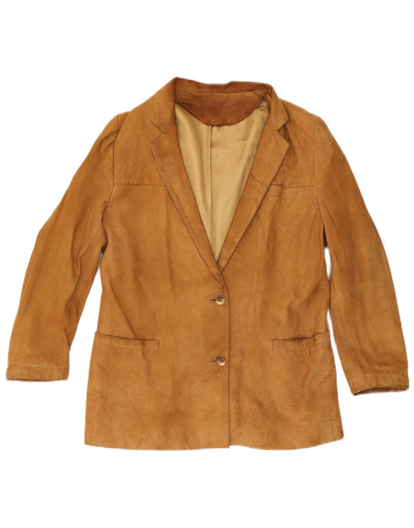 Giacca blazer vintage in pelle scamosciata da donna a 2 bottoni UK 12 Marrone medio
