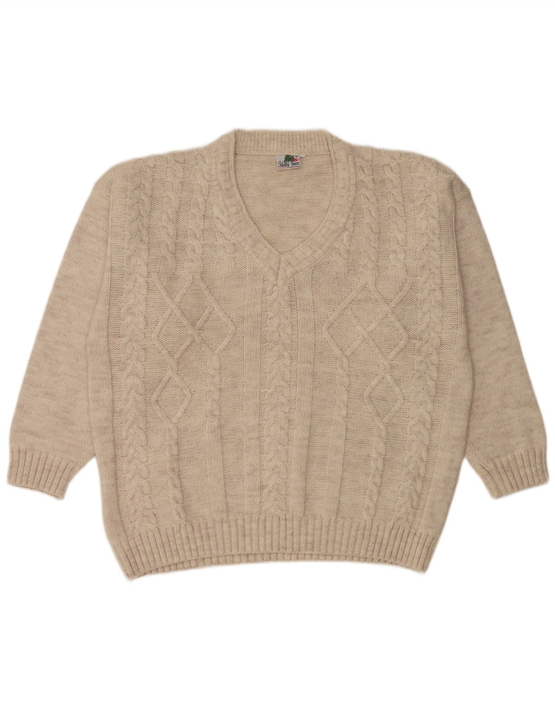 Maglione vintage da uomo con scollo a V XL in lana beige