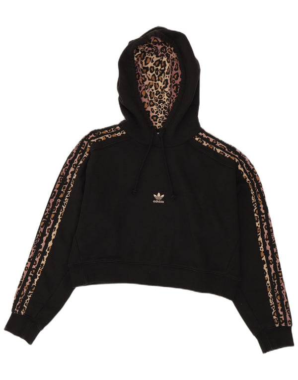 Felpa con cappuccio oversize corta da donna Adidas UK 10 piccola stampa animalier nera