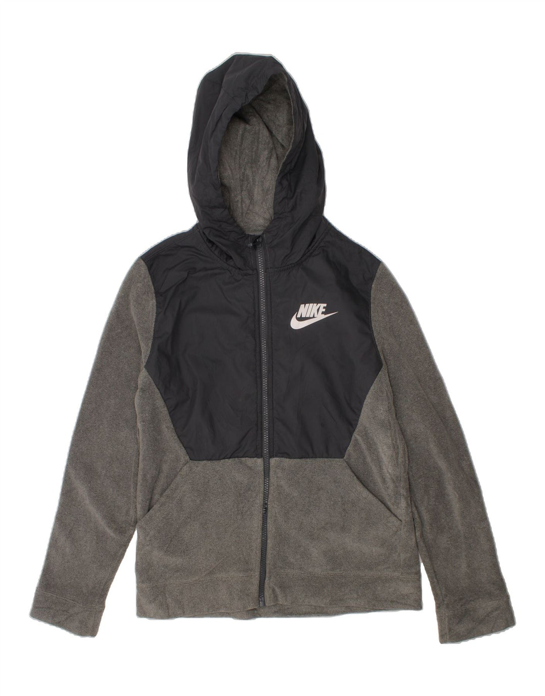NIKE Boys Hooded Fleece Jacket 12-13 Years Large  Grey Colourblock Vintage Nike and Second-Hand Nike from Messina Hembry 