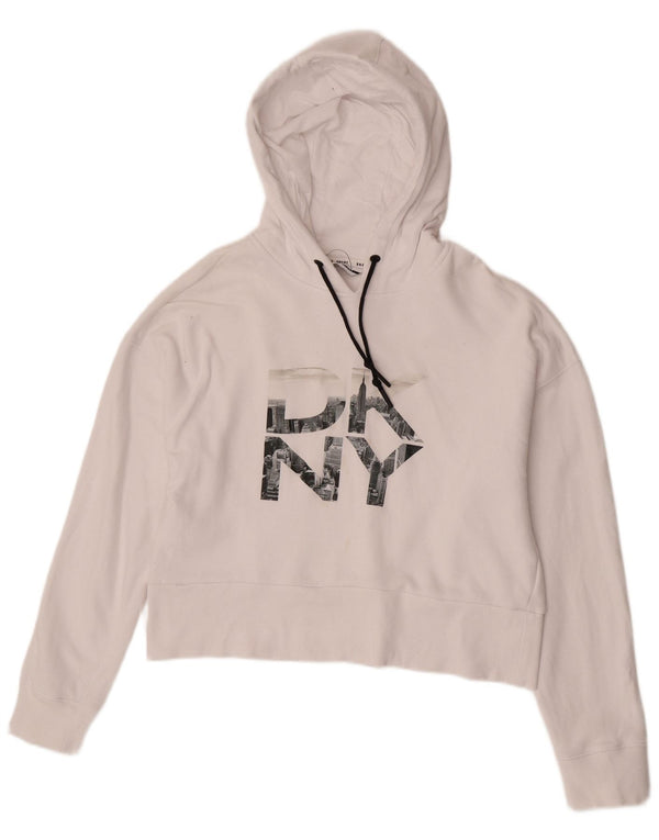 Maglione corto con cappuccio grafico oversize da donna Dkny UK 10 piccolo cotone bianco