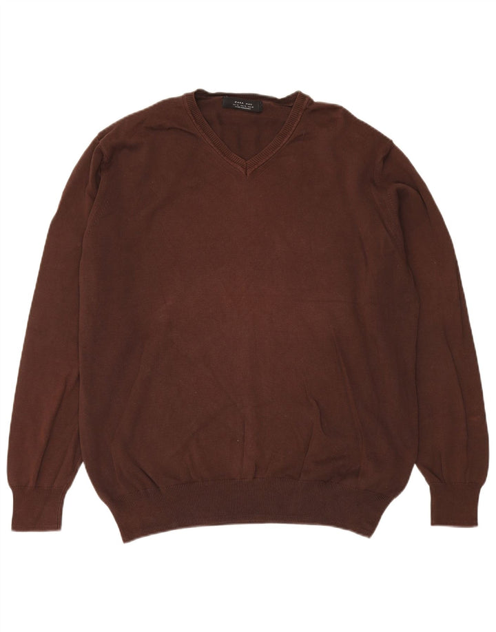 Maglione Zara da uomo con scollo a V XL in cotone marrone