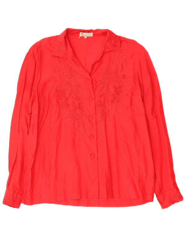 Camicia vintage da donna a maniche lunghe con vestibilità regolare UK 16 Grande seta floreale rossa