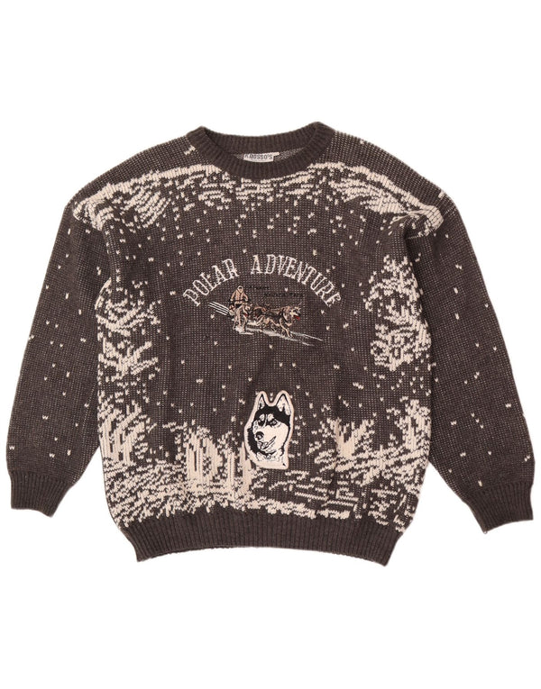 Maglione girocollo grafico da uomo vintage IT 54 XL Stampa animalier grigia