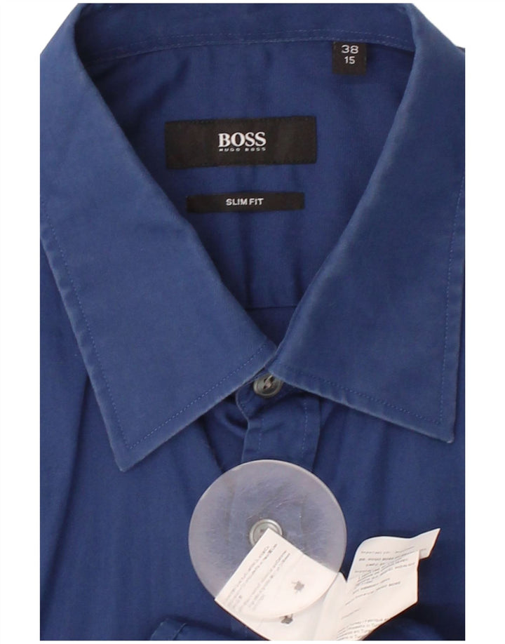 HUGO BOSS Mens Slim Fit Shirt Size 38 15 Medium Navy Blue Cotton
