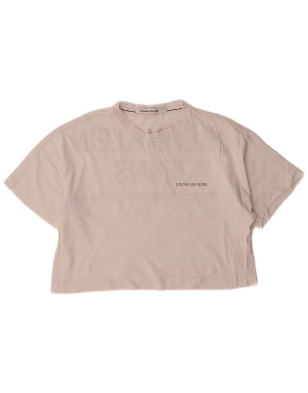 Calvin Klein Jeans T-shirt grafica oversize corta da donna Top UK 6 XS Bianca