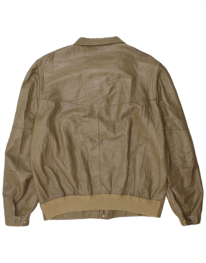 VINTAGE Mens Leather Jacket IT 56 3XL Khaki Leather