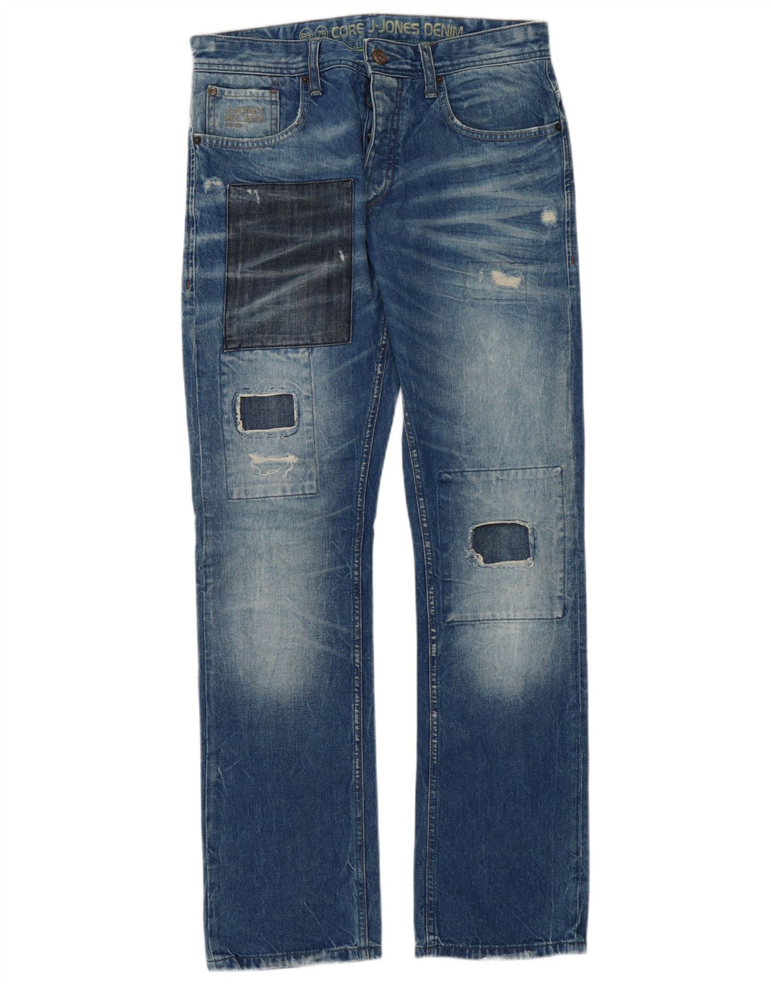 Jeans dritti invecchiati da uomo Jack & Jones W32 L34 cotone patchwork blu