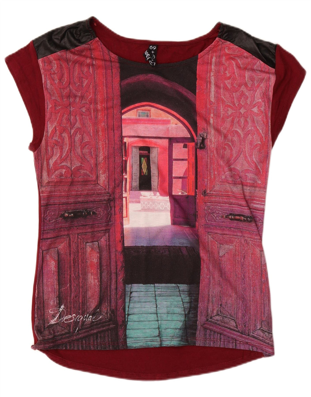 DESIGUAL T-shirt grafica da donna Top UK 10 piccola viscosa bordeaux