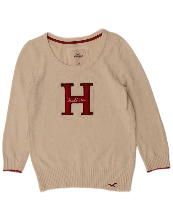 Maglione Hollister da donna con collo a barca con grafica, UK 14, cotone beige grande