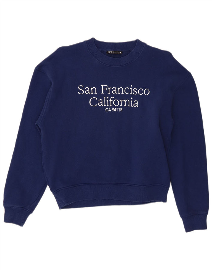 Felpa grafica da donna Zara, maglione UK 14, cotone blu navy medio